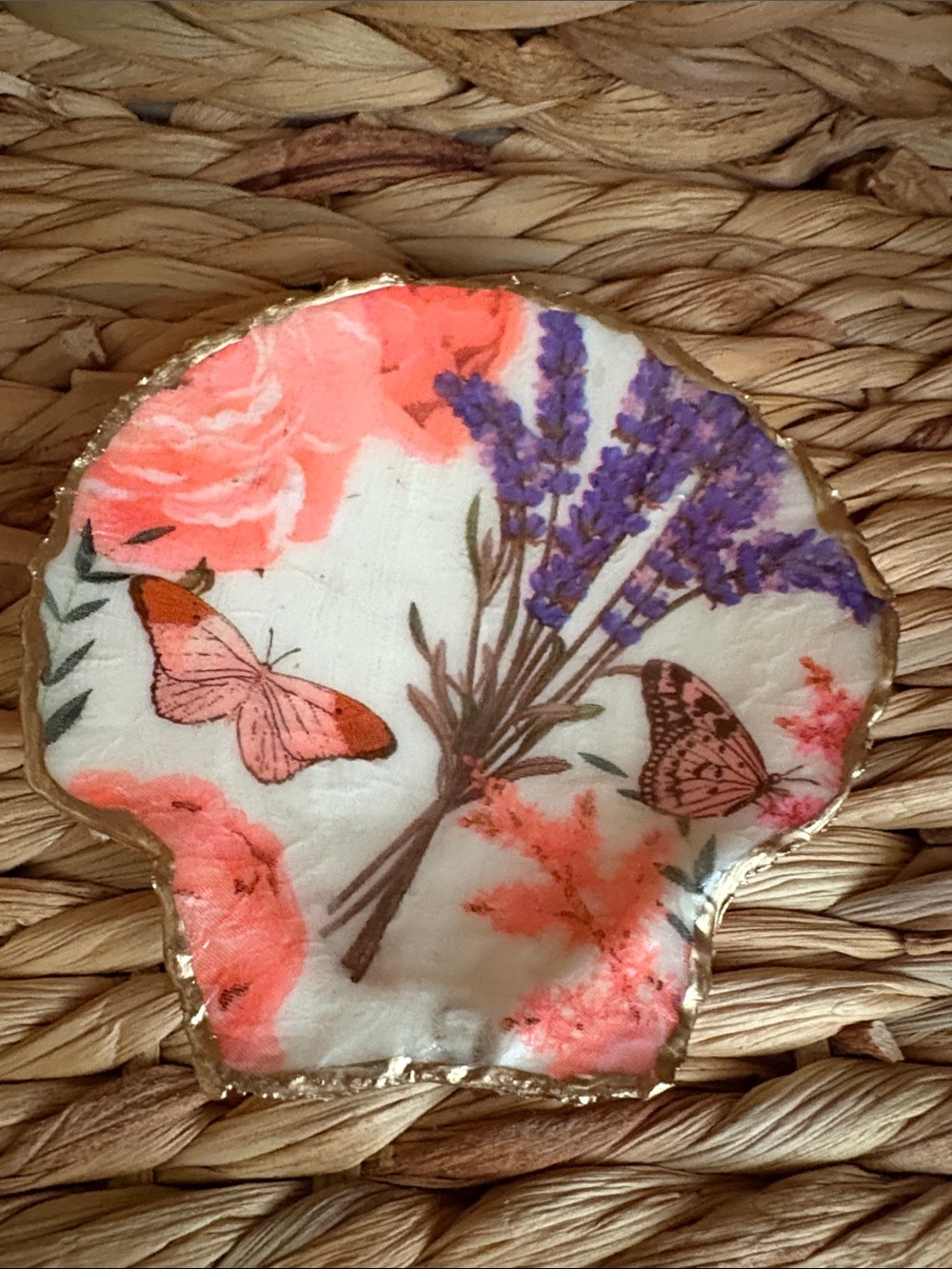 Hand Crafted Coral, Purple and Gold Floral Butterfly Shell Accent Dish